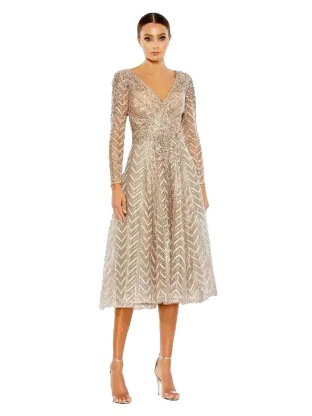 Mac Duggal Taupe Embellished Embroidered Long Sleeve Midi Dress